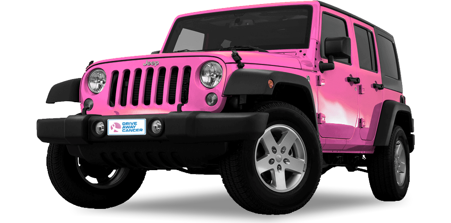 A pink Jeep Wrangler with a Drive Away Cancer license plate