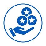 Blue icon of a hand holding stars