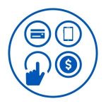 Blue icon of a credit card, dollar, and mobile phone