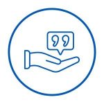 Blue icon of a hand holding a message bubble